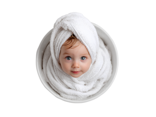 Wrapped Baby Peeking Out of White Tub with Wet Hair and Towel, Overhead View, Isolated on Transparent Background
