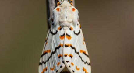 Close up view of a bella moth resting on a branch with white wings and orange and black markings