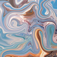 Vibrant pastel swirl artwork blending soft blue, pink, and orange tones in fluid abstract waves. Ideal for backgrounds and artistic textures.