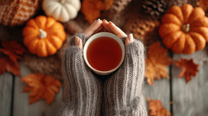 Warm hands holding a cup of tea surrounded by pumpkins and autumn leaves, evoking a cozy fall atmosphere