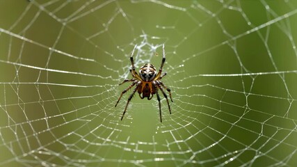 Spider sitting in center of dewdrop covered web with radial pattern structure. Nature macro footage for educational documentaries and arachnid behavior study content