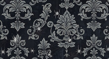 Elegant Gothic Damask Pattern with Spiders, Halloween Background