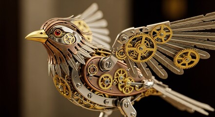 Close up of a steampunk bird sculpture with gears and metal feathers in intricate detail design
