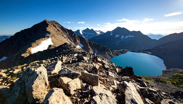 Hiking at Mountain Peak Overlooking Alpine Lake on Clear Day