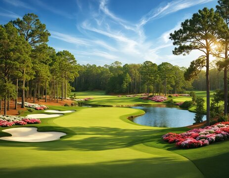 Golf course with rich green landscape, trees, and pond. Vibrant pink azaleas surrounding fairway, sun shining in clear blue sky. Golfers play on scenic course with water hazard and sand bunker.