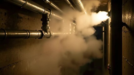 Steam pipes releasing hot vapor in dark basement with dramatic lighting effects. Industrial heating concept for plumbing services, heating system maintenance and mechanical infrastructure campaigns