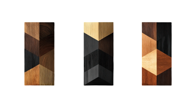 Three rectangular blocks of layered wood, showcasing varied wood tones and geometric patterns