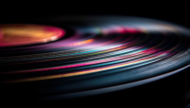 Close-up of vibrant record grooves spiraling outward, creating a colorful abstract design