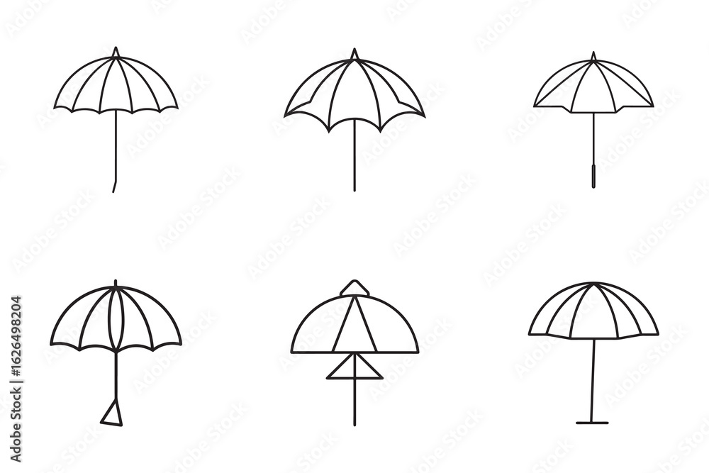 Poster set of unique umbrella icons in minimalist line art style perfect for graphic design and weather rel