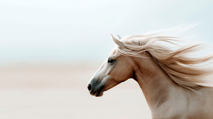 Elegant palomino horse with flowing mane running freely against soft pastel background