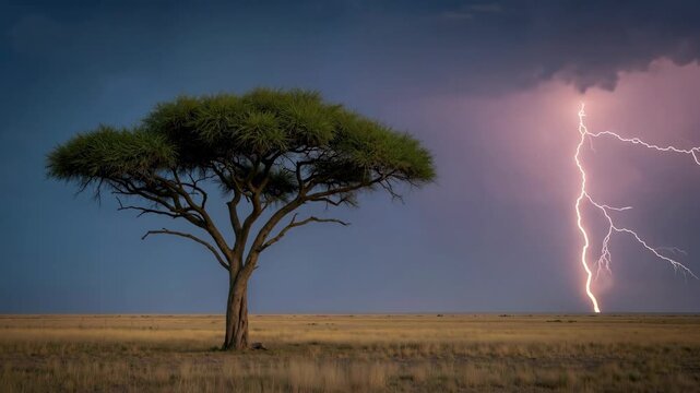 Acacia tree silhouette against dramatic lightning strike in african savanna during thunderstorm. Wild weather footage for nature documentaries and storm chasing content