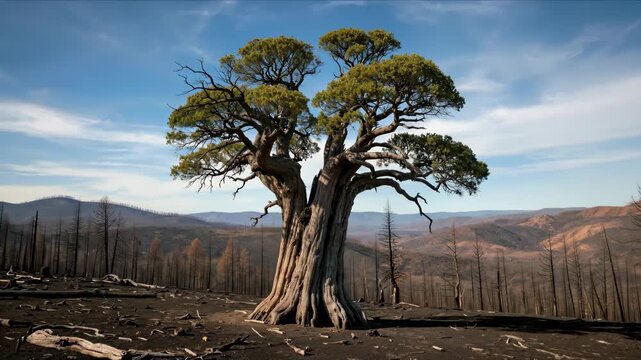 Ancient baobab tree standing alone in post-fire landscape with burned forest background. Environmental recovery concept for wildfire awareness, forest restoration and climate resilience campaigns