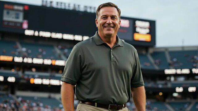 Man in green polo shirt smiling confidently in baseball stadium with crowd background. Sports broadcasting concept for coaching services, athletic programs and sports media marketing campaigns
