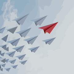 Obraz premium Red paper airplane leads a flock of white airplanes in the sky