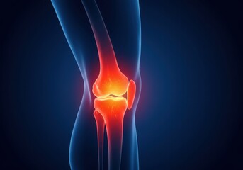 Human knee joint with inflammation and pain highlighted in red
