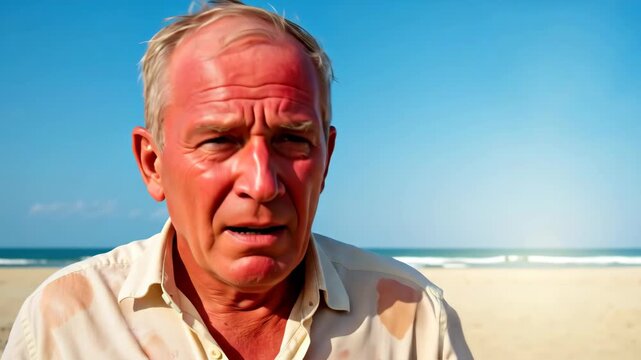 Man with hand on forehead showing stress and fatigue on sunny beach. Heat exhaustion and sun safety concept for health awareness and summer wellness campaigns
