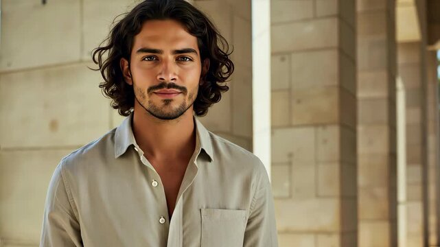 Man with curly hair and beard in beige shirt against stone wall background. Professional portrait for business services and corporate promotional campaigns - Powered by Adobe