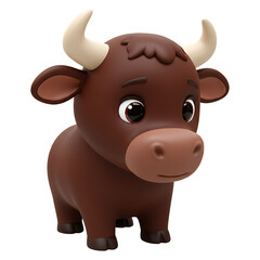 Fototapeta premium Adorable Brown Cartoon Bull Calf with Large Horns on Transparent Background