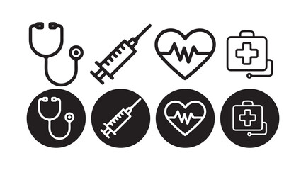 Medical Icons Set. Stethoscope, Syringe, First Aid Kit, Pill in Line and Solid Style. Victor illustration eps10
