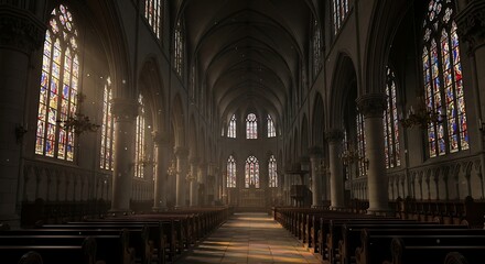 Obraz premium Interior of a Grand Gothic Cathedral with Stained Glass Windows and Rows of Empty Pews