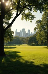 Obraz premium Serene metropolitan park with large oak tree at center. Tree canopy creates cool shade over well-maintained grassy area. City skyline in background with modern, old buildings, glass, steel facades.