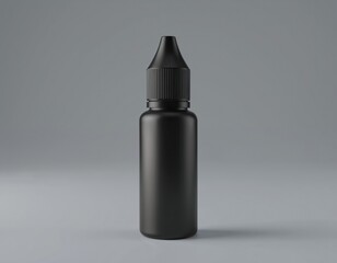Black plastic dropper bottle on gray background. Three-dimensional appearance. White dropper cap contrasts with black body. Dropper tilted, angled towards left side. Focus on container.