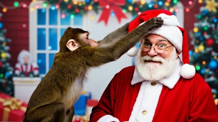 Chimpanzee adjusting Santa hat on elderly man in festive indoor setting with Christmas decorations background. Holiday interaction concept for senior care services, intergenerational programs