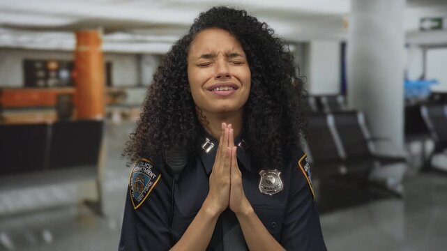 Woman praying in police uniform at airport terminal with hands clasped and eyes closed expressing hopeful emotion indoors.