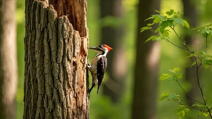 Pileated woodpecker with red crest pecking tree bark in forest surrounded by green foliage. Forest bird concept for nature documentaries, bird watching tours