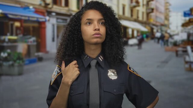 Hispanic policewoman standing confidently on a busy city street wearing a uniform outdoors with serious expression and badge visible amid urban scenery
