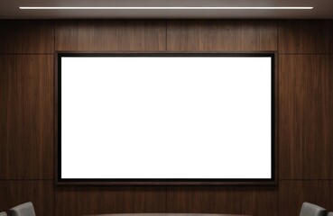 Tranquil indoor office meeting room with modern design. Blank white screen with black border mounted on brown wood panel. Empty conference space for presentation and display.