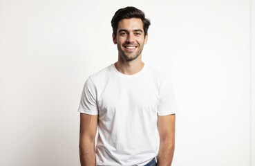 Fototapeta premium Handsome young man stands confidently with warm, inviting smile. Wears crisp white t-shirt, blue jeans on gray backdrop, creating striking visual effect. Casual attire, simple background focus