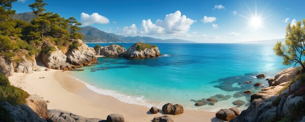 Obraz premium Tranquil beach scene with wide expanse of light-colored sand. Deep blue ocean meets shore with small islands in background. Clear blue sky with sun shining brightly. Shimmering effect on water below