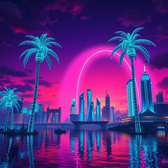 Obraz premium Futuristic Neon Cityscape with Palm Trees and Reflections at Sunset – Cyberpunk Style Urban Background