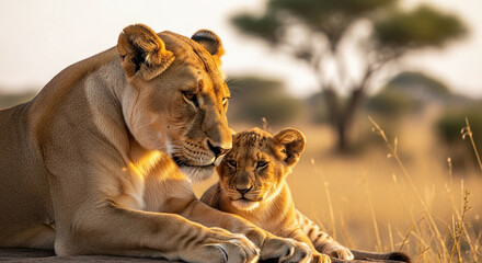 Mother Lioness and Her Cub Having A Leisure Time, Representation Of Mother's Love In The Animal World