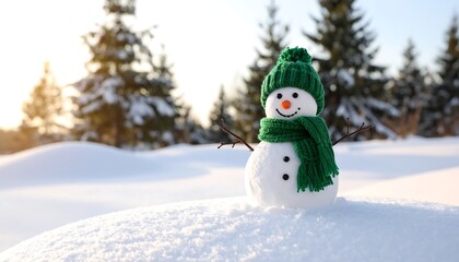 Obraz premium Smiling Snowman in Green Hat and Scarf on Snowy Hillside with Winter Sunlight