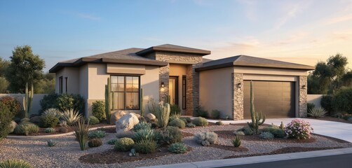 Modern desert home with flat roof, small porch, large central window. Green gravel driveway leads to house, surrounded by desert plants, solitary tree. Clear blue sky above, with sidewalk, corner