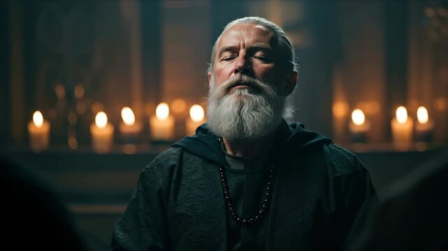 Monk with white beard in dark robes holding prayer beads in candlelit monastery. Religious devotion concept for spiritual services and meditation retreat promotional content