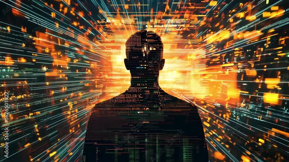 Poster a man stands silhouetted against a dynamic burst of digital information and data visualizations, sho