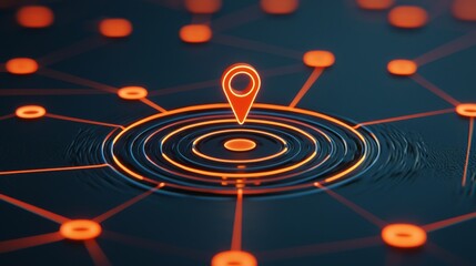 Digital network with a location pin amidst rippling effects.