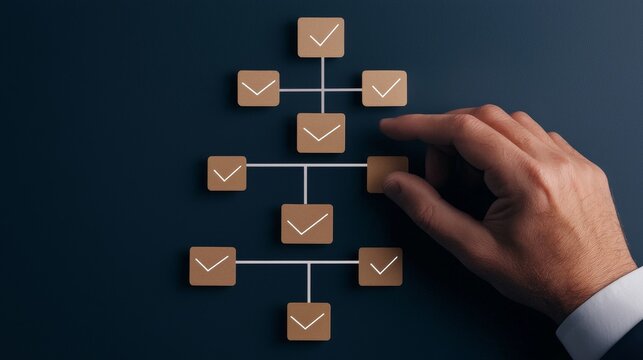 Hand interacting with a flowchart of completed tasks on a dark background.
