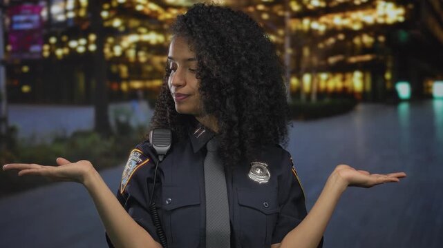 Young smiling woman police officer spreads open palms to sides on urban street at night with blurred lights; uncertainty.