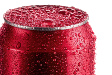 Close-up of a red soda can, wet with condensation