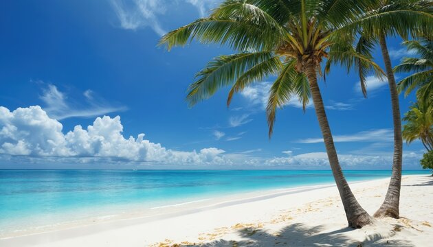 Tropical beach scene with sandy beach, palm trees, clear blue sky and emerald sea. Serene atmosphere, sunny day, no human activity. Perfect for travel, nature, relaxation, resort, island getaway.