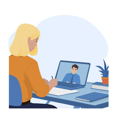 Woman participating in an online meeting, taking notes while engaging with a colleague on a laptop. The illustration captures a modern work-from-home scenario with a focused atmosphere.