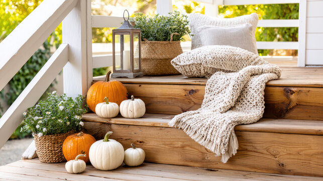 Cozy autumn scene featuring pumpkins, decorative pillows, and plants on wooden stairs in a warm and inviting outdoor setting