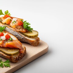Open faced sandwiches with her, pickled cucumbers, tomatoes, onions, and parsley on a wooden board presented against a bright white background creating contrast.