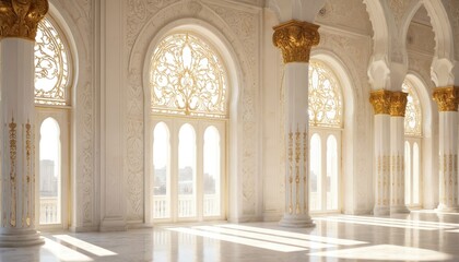 Obraz premium Grand, ornate room interior features high ceilings, columns with intricate gold and white designs. Floor-to-ceiling windows allow natural light to fill predominantly white space with gold accents.