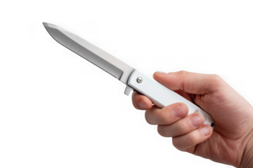 Hand holding a small, white folding knife.