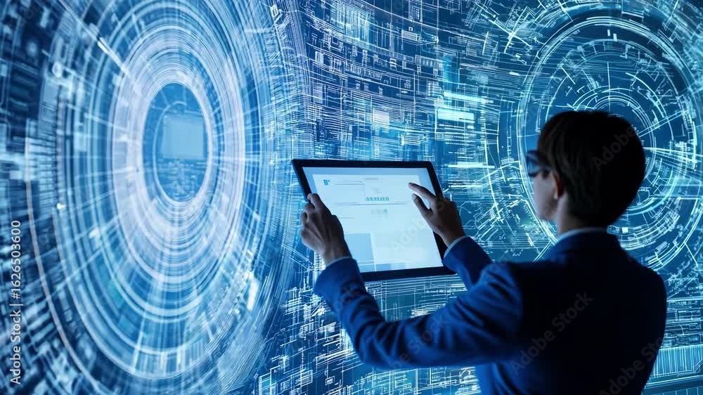 Poster a professional engineer in business suit uses advanced tablet touchscreen in a digital environment w